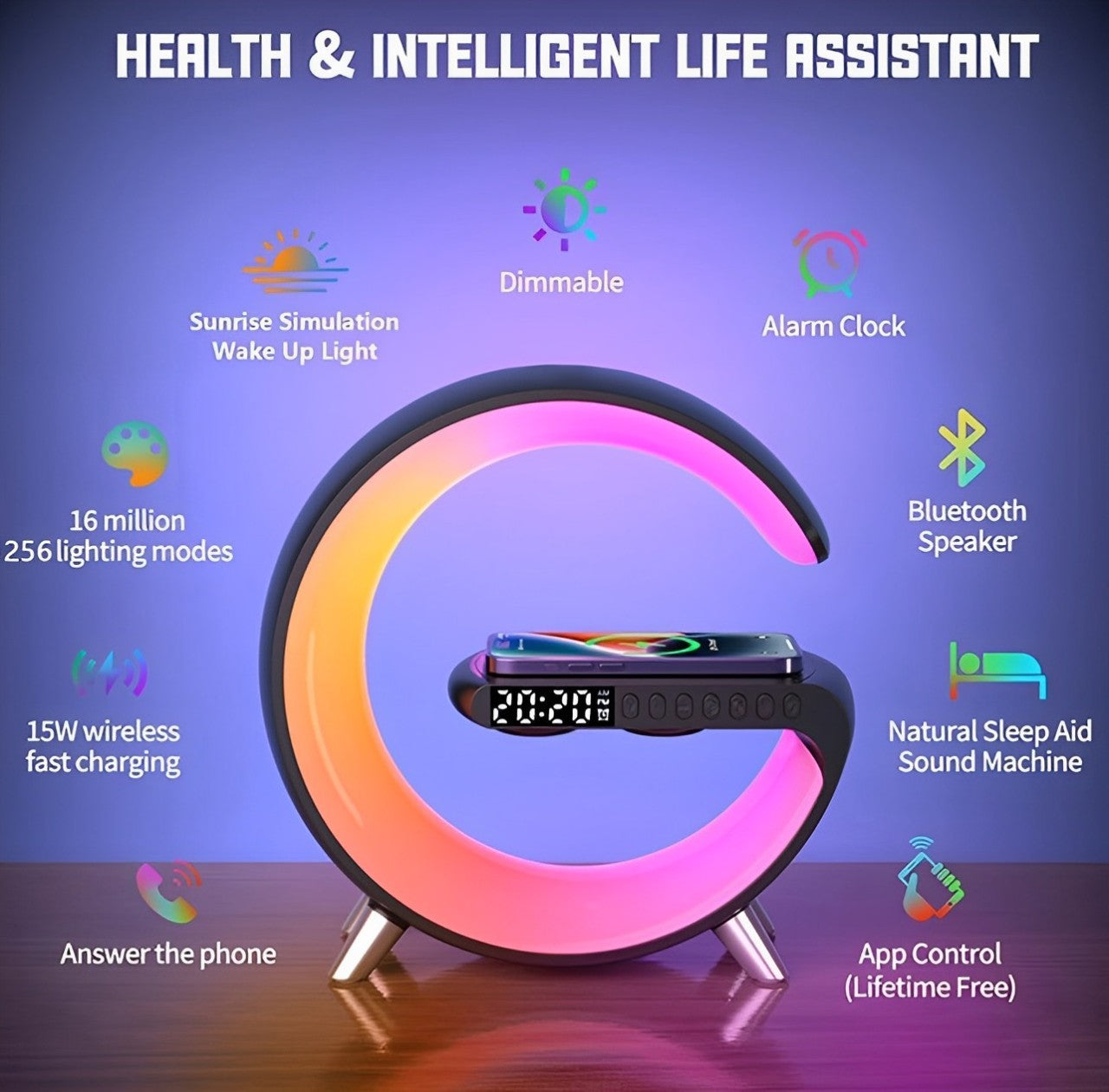 Intelligent G-Shaped LED Lamp with Bluetooth Speaker & Wireless Charger-App Controlled