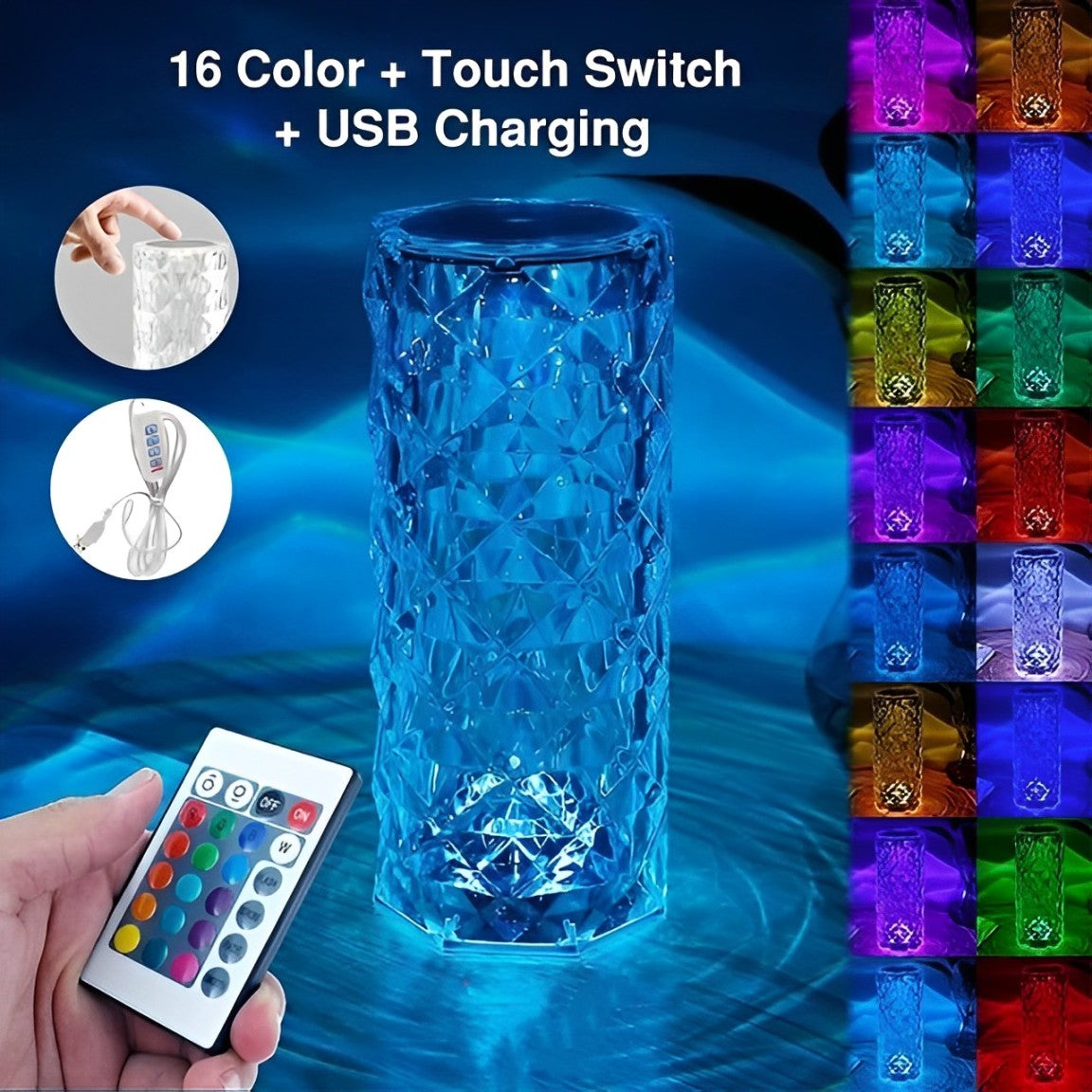 16 Color LED Crystal Rose Touch Table Lamp.