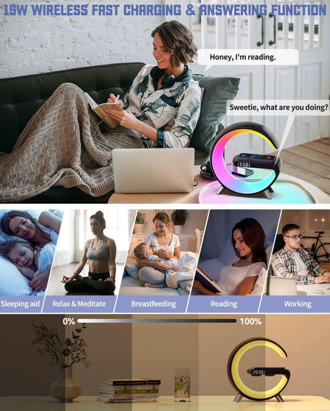 Intelligent G-Shaped LED Lamp with Bluetooth Speaker & Wireless Charger-App Controlled